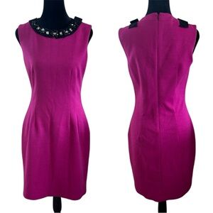 Tahari Rhinestone Statement Piece Dark Fuchsia Sleeveless Sheath Dress 0138